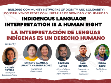 Red, black and white flyer with photos of host and panelists, with large text "Building community networks of dignity and solidarity: Indigenous language interpretation is a human right"