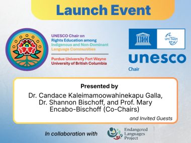 Blue and gold flyer with text: Launch Event, UNESCO Chair on Rights Education Among Indigenous and Non-Dominant Language Communities