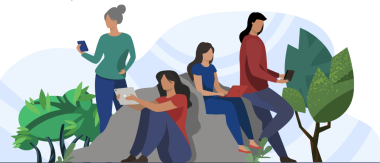 An illustration of several people sitting on a large rock surrounded by trees, using laptops and cell phones