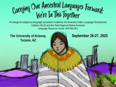 Teal flyer with illustration of woman wearing a yellow and grey blanket walking on purple hills