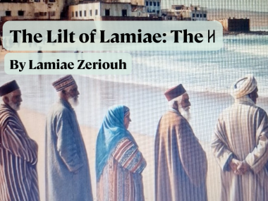 Image of five Amazigh elders standing on the sea shore looking out at the water. 