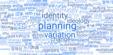 Word cloud of words related to conference topic, with "identity", "planning", "variation", "ideology", and "change" prominently visible