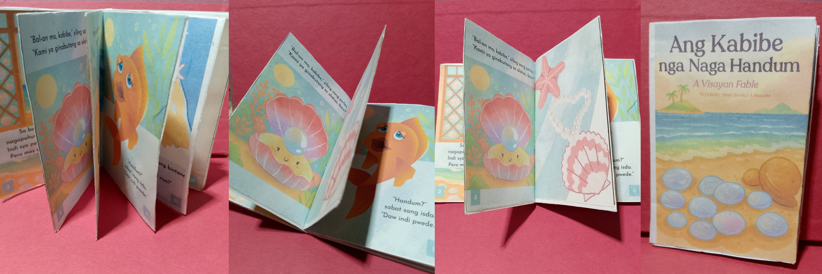 Photos of the zine printed and folded, on a red table.