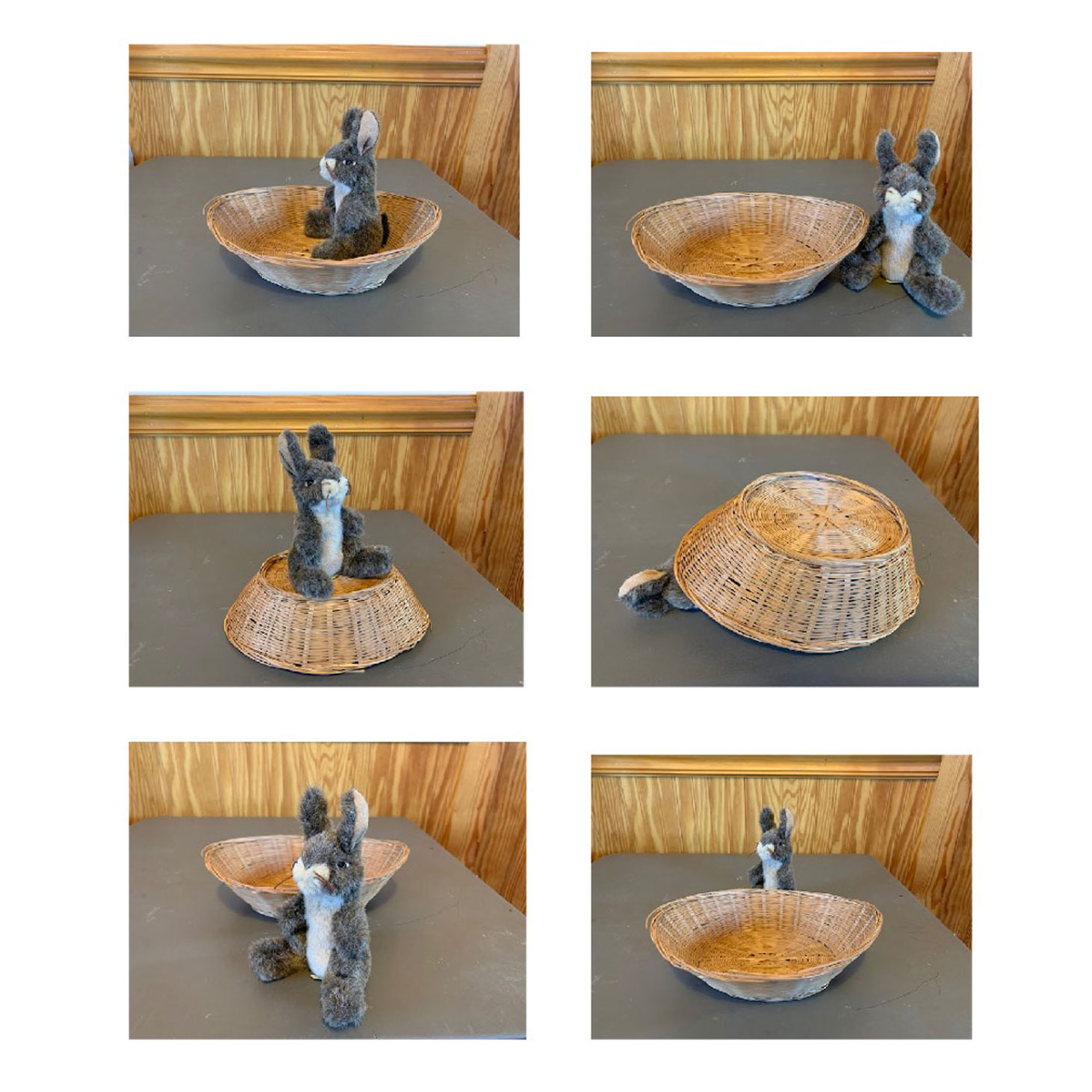 A series of photos of a wicker basket and a toy rabbit. The rabbit is placed in various arrangements inside, on top of, next to, etc. with the basket.